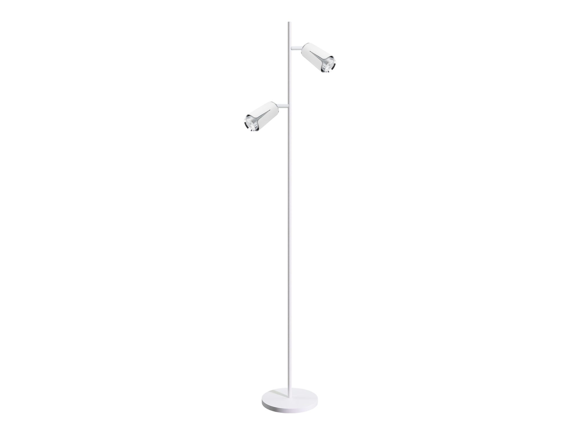 Lampa podłogowa Oraleta biała z chromowanymi akcentami i dwoma reflektorami na białym tle