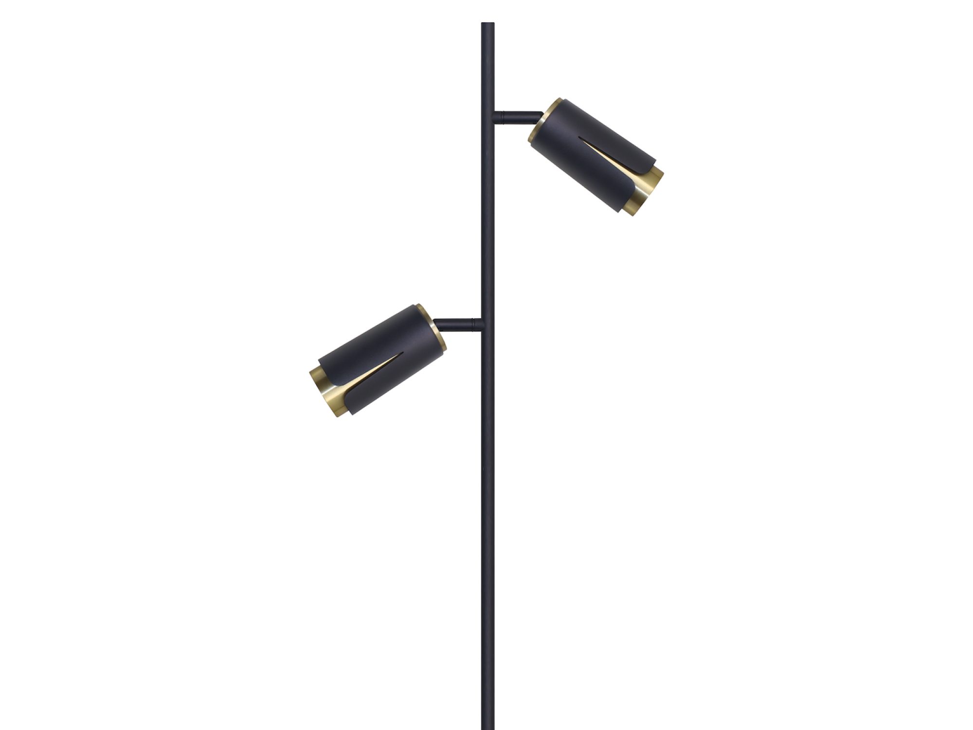 Lampa podłogowa Oraleta czarno-złota, zbliżenie dwóch cylindrycznych kloszy