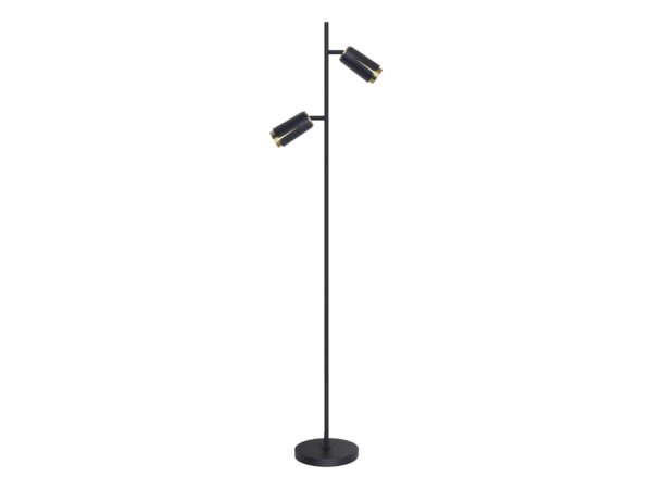 Lampa podłogowa Oraleta czarna ze złotymi akcentami, dwie oprawki, na białym tle