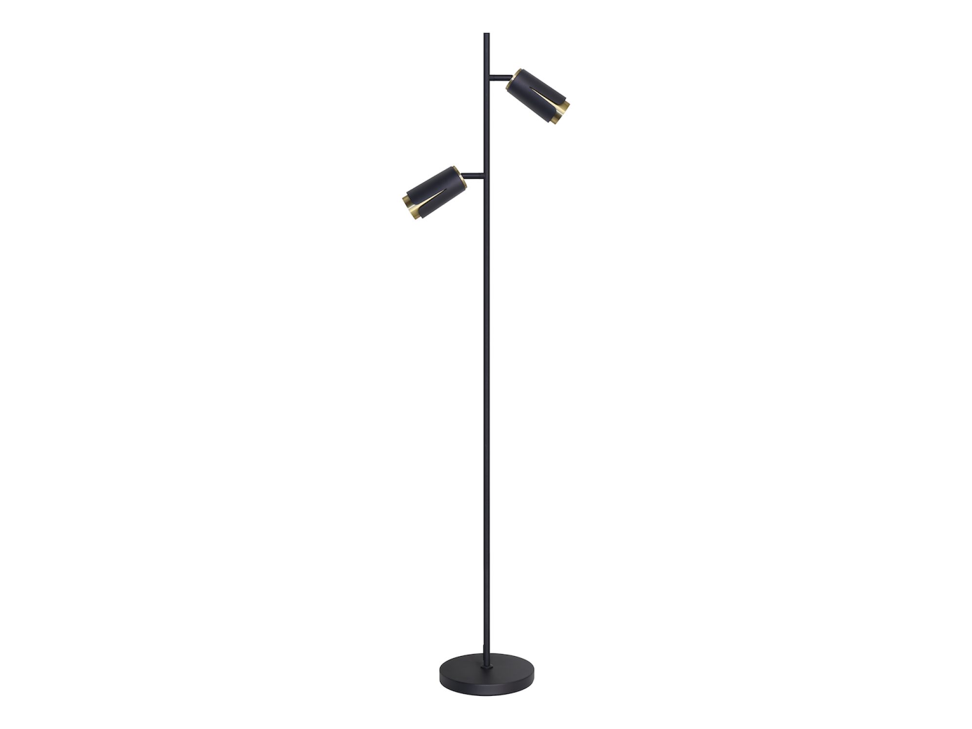 Lampa podłogowa Oraleta czarna ze złotymi akcentami, dwie oprawki, na białym tle
