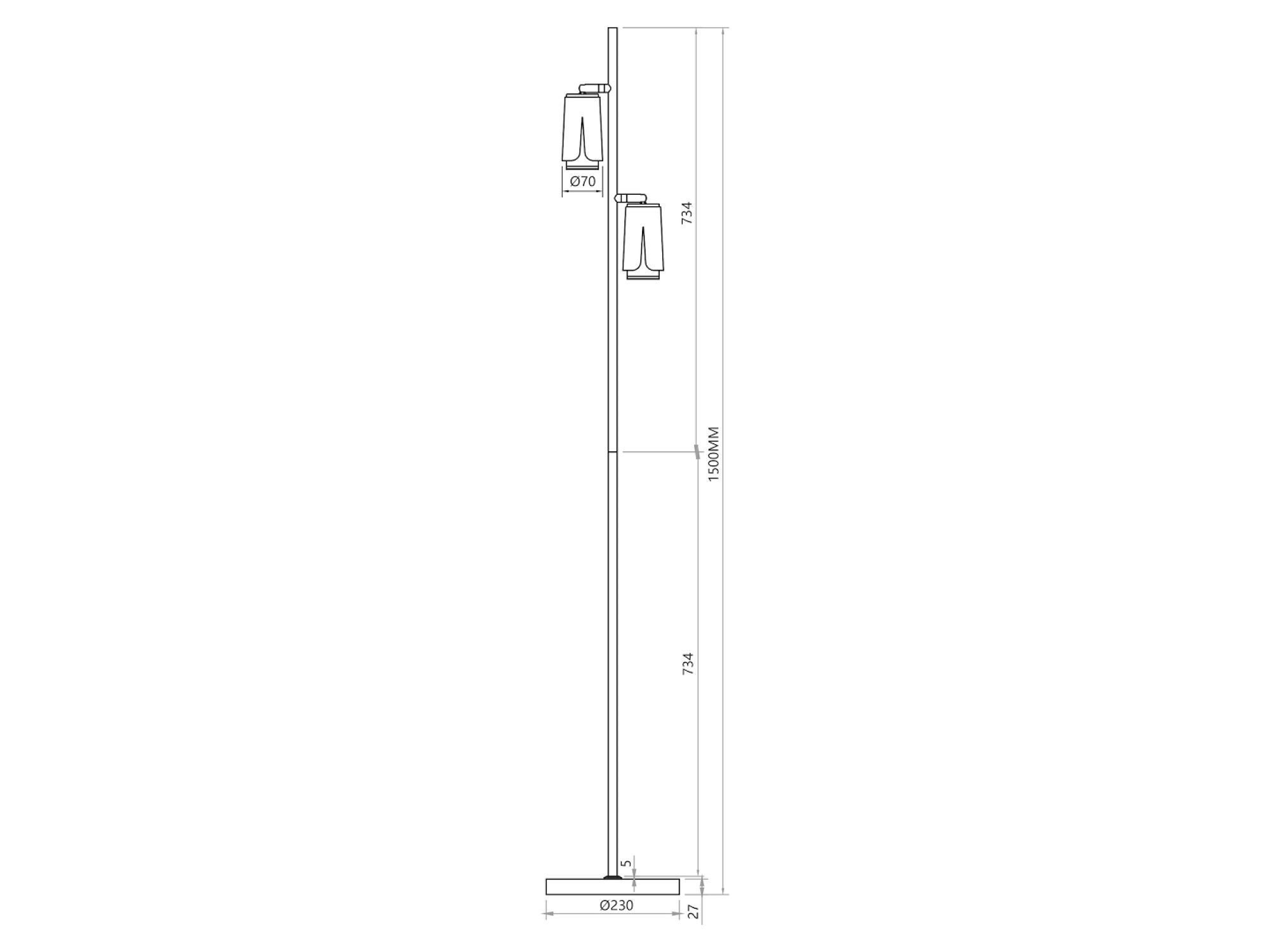 Rysunek wymiarowy lampy podłogowej Oraleta, wysokość 150 cm i podstawa 23 cm