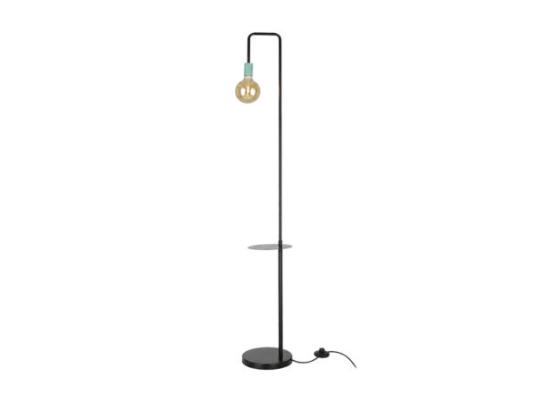 Lampa podłogowa Orimona czarna z zieloną oprawką, półką i przewodem na białym tle