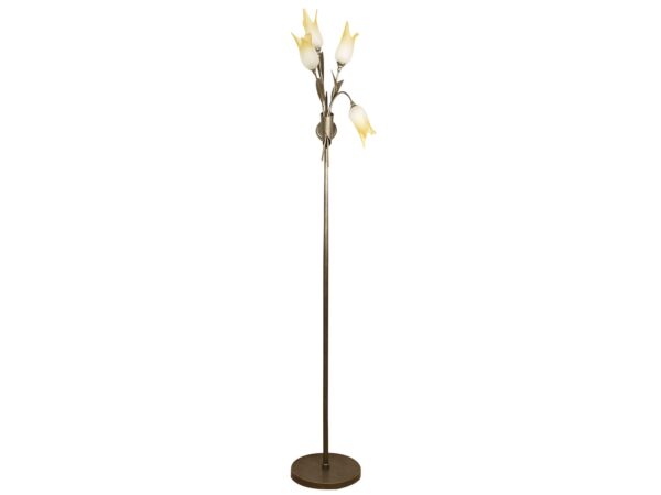 Lampa podłogowa Palamona w kolorze patyny z czterema jasnymi kloszami w kształcie kwiatów