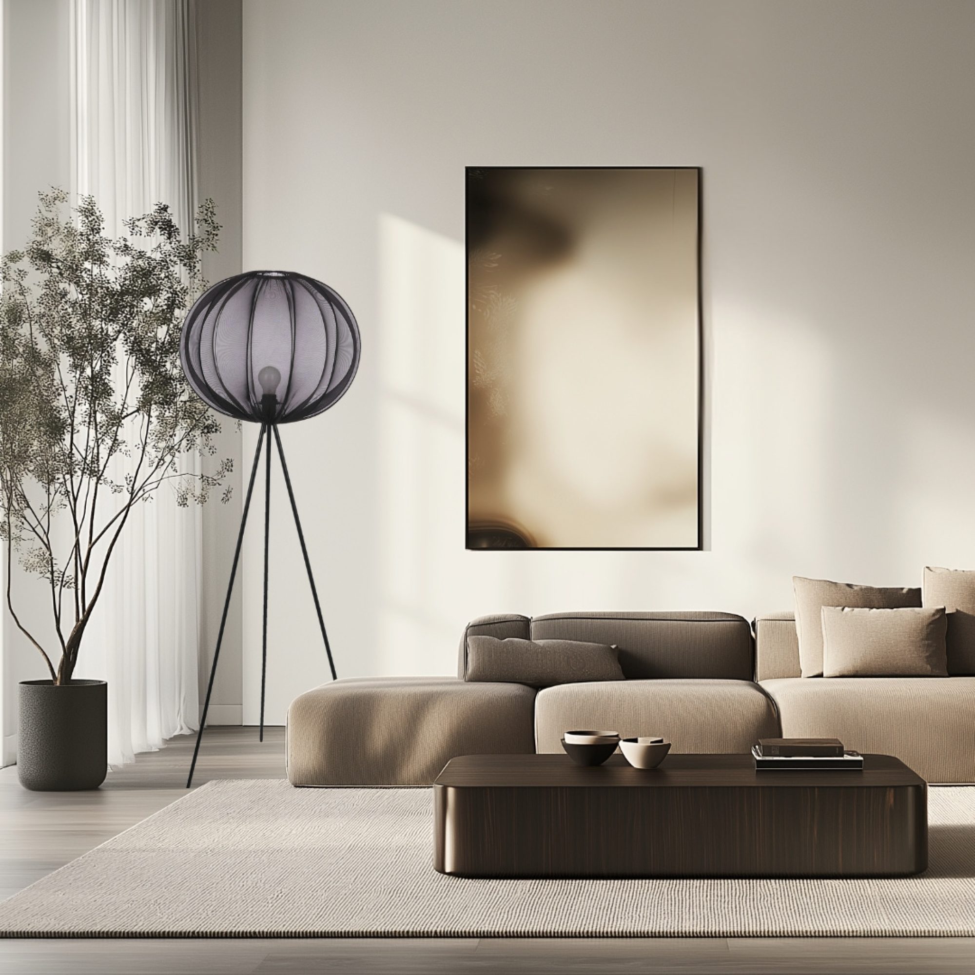 Lampa Pelato czarna w jasnym salonie przy sofie i obrazie