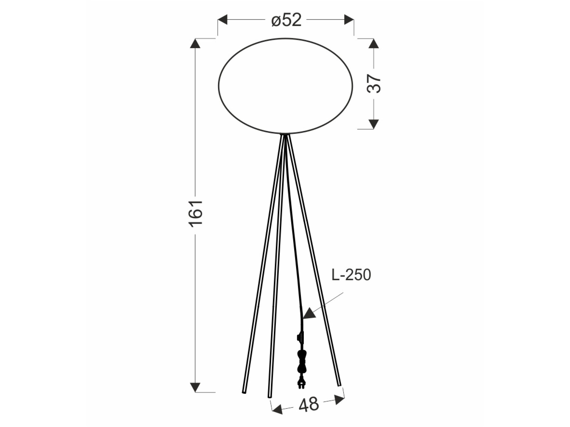 Lampa podłogowa Pelato rysunek wymiarowy wysokość 161 cm i abażur 52 cm