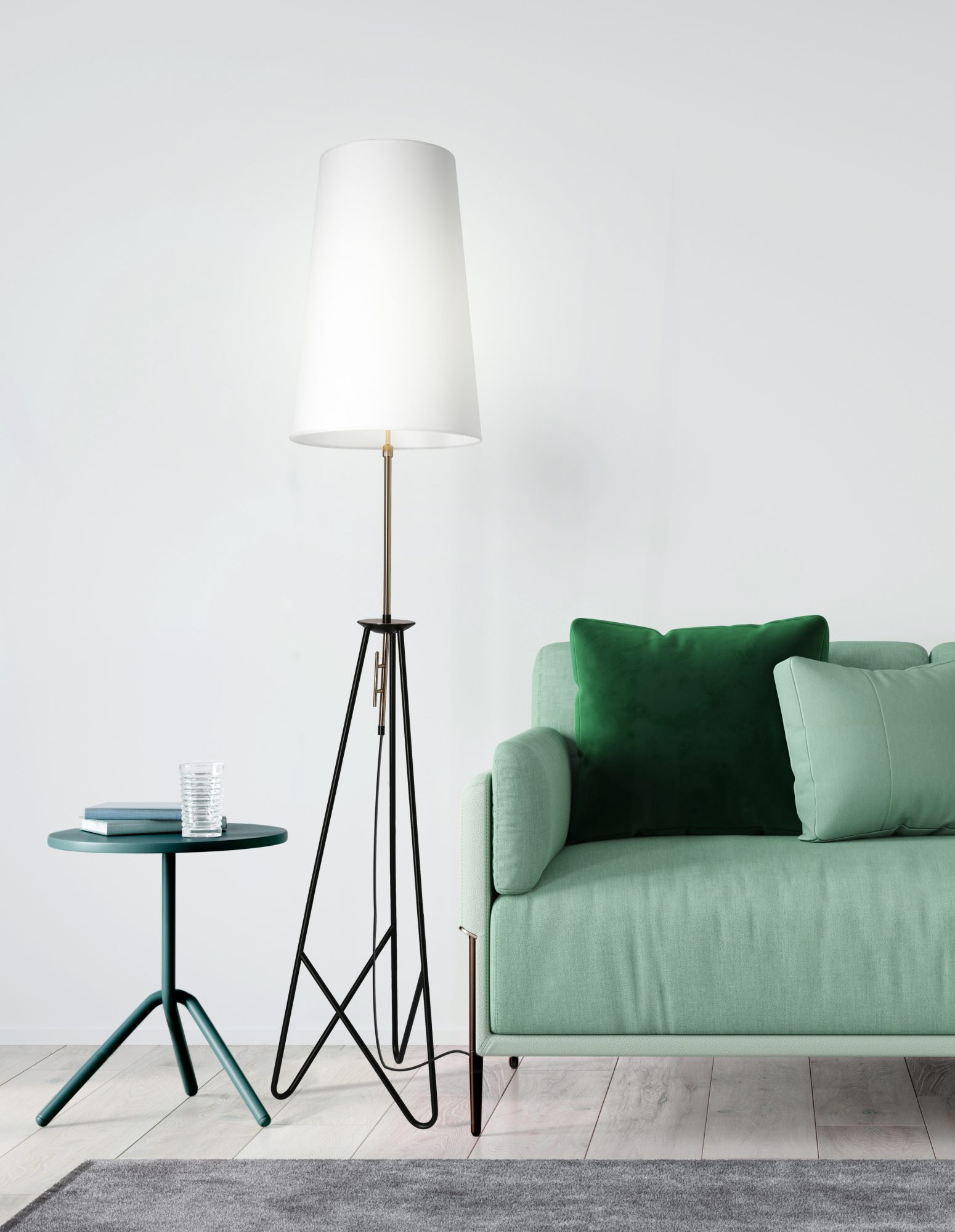 Lampa podłogowa Peloma z białym abażurem w aranżacji wnętrza