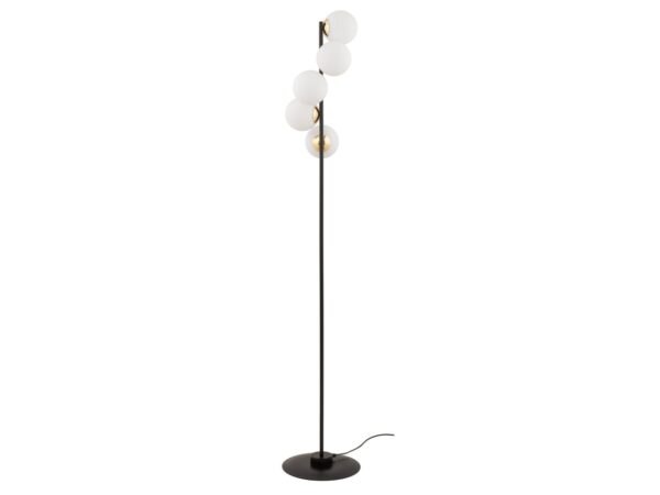 Lampa podłogowa Piano z czarnym smukłym trzonem, pięcioma białymi kulami i okrągłą podstawą