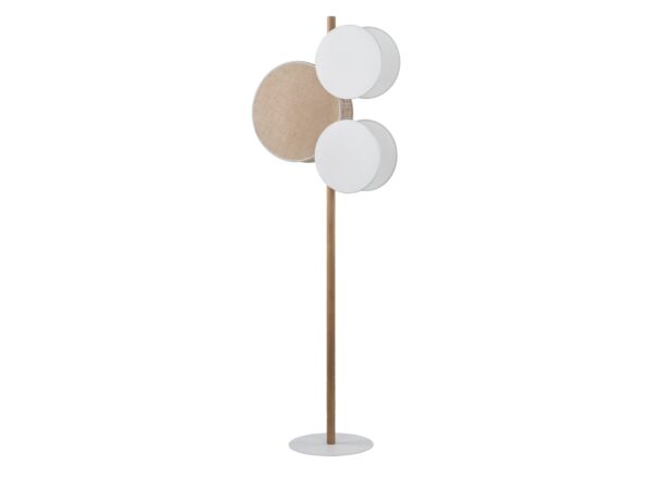 Lampa podłogowa Pulse 3-punktowa z drewnianym stelażem oraz biało-brązowymi abażurami