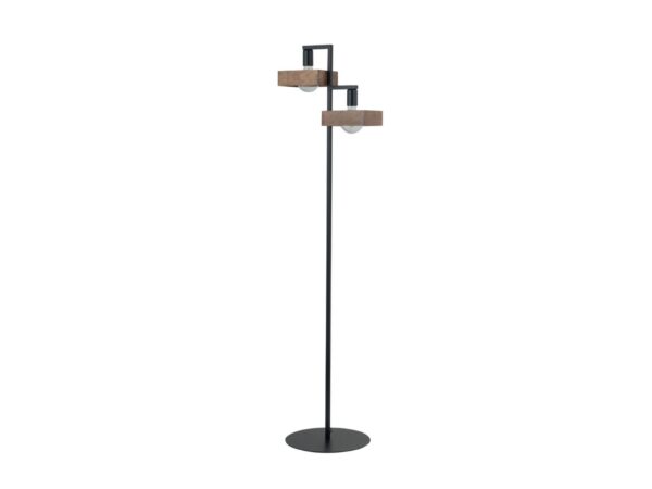 Lampa podłogowa Robin czarna z dwoma brązowymi kloszami ze sklejki i okrągłą metalową podstawą