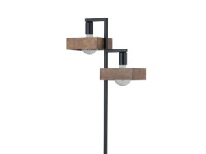 Miniaturka 1 - Zbliżenie dwóch geometrycznych kloszy ze sklejki w lampie podłogowej Robin, widoczne oprawki E27