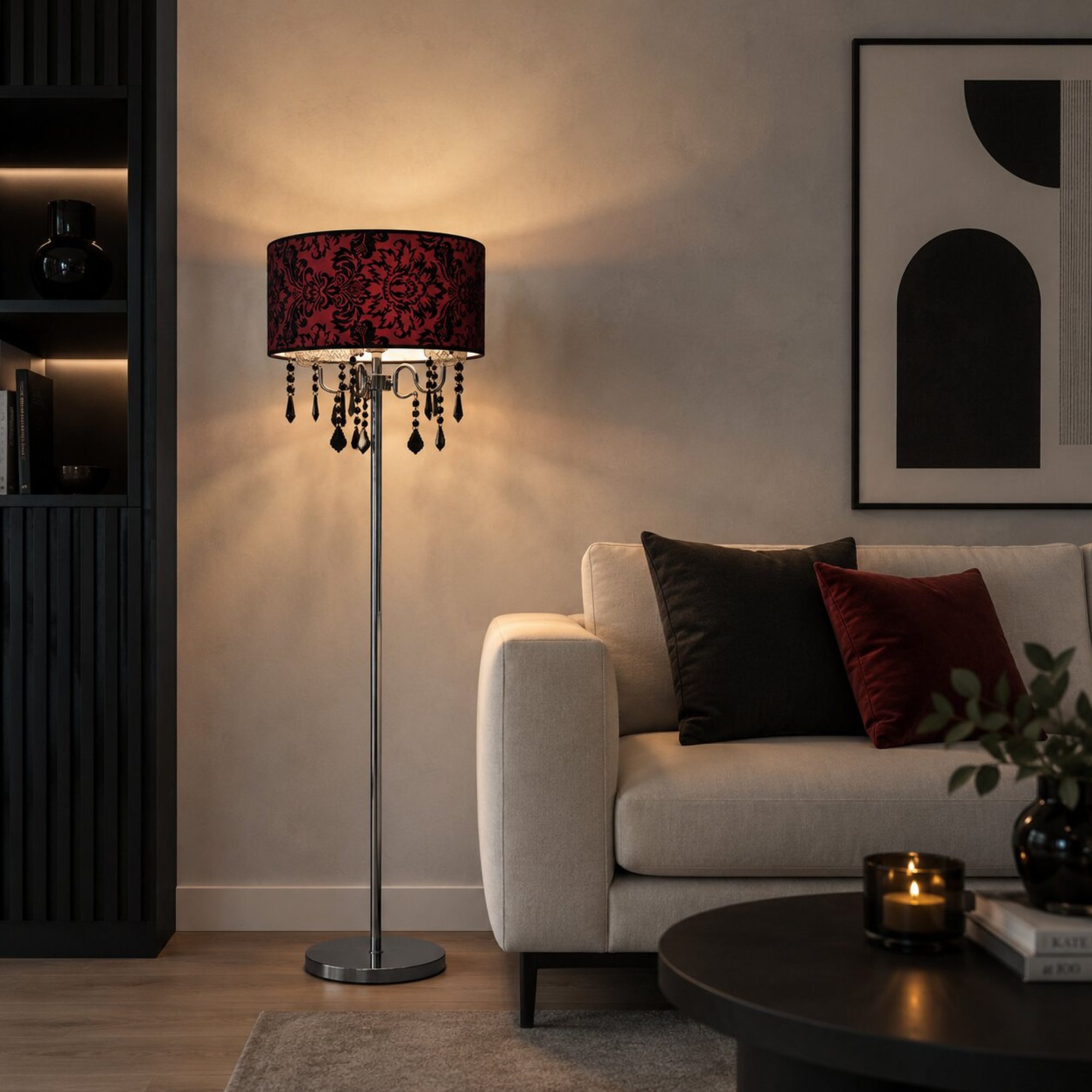 Lampa podłogowa Seromio z podświetlonym czerwonym abażurem, wieczorna aranżacja