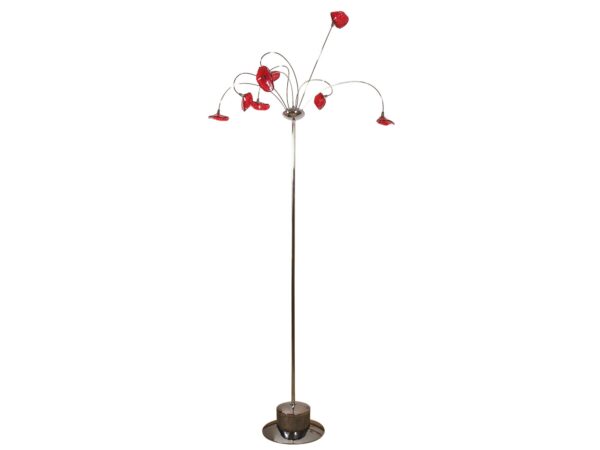 Lampa podłogowa Teretino chrom z ośmioma czerwonymi kloszami na giętych ramionach