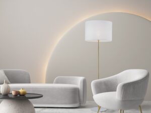 Miniaturka 3 - Lampa podłogowa Umberto z białym abażurem w aranżacji wnętrza