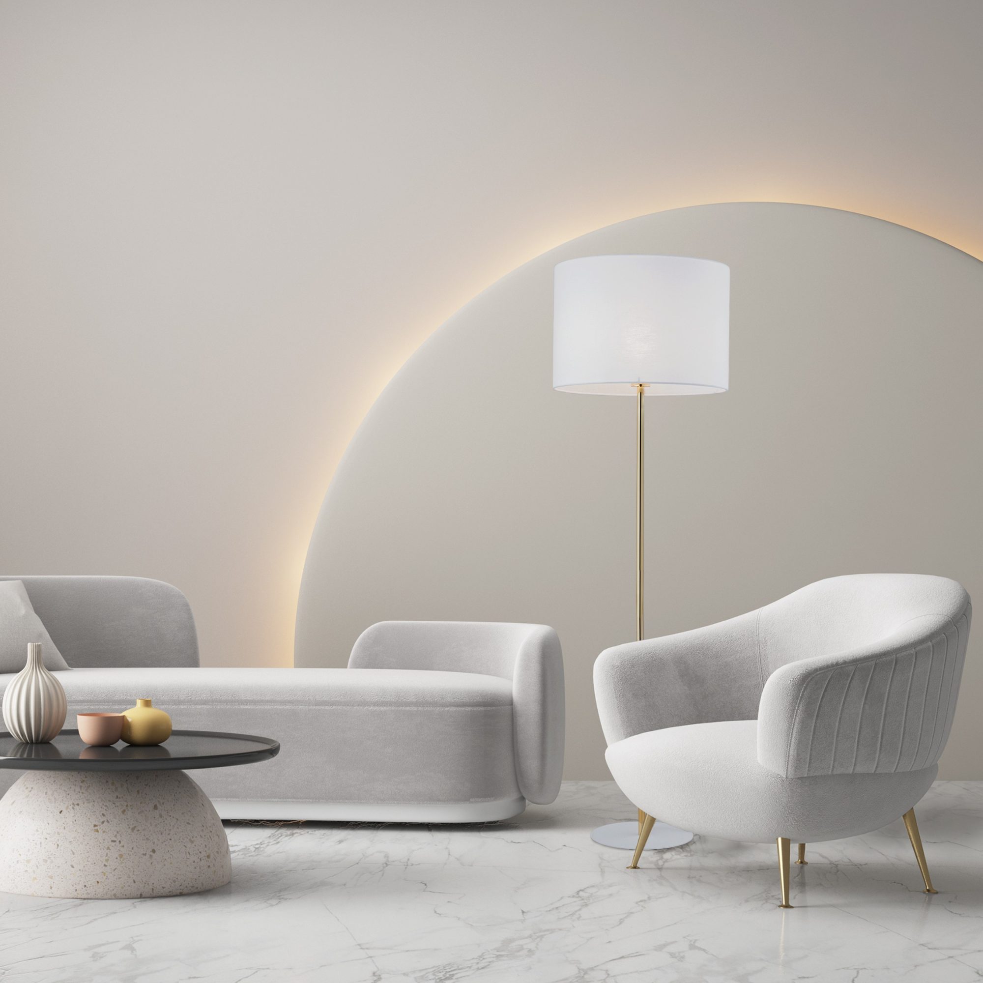 Lampa podłogowa Umberto z białym abażurem w aranżacji wnętrza