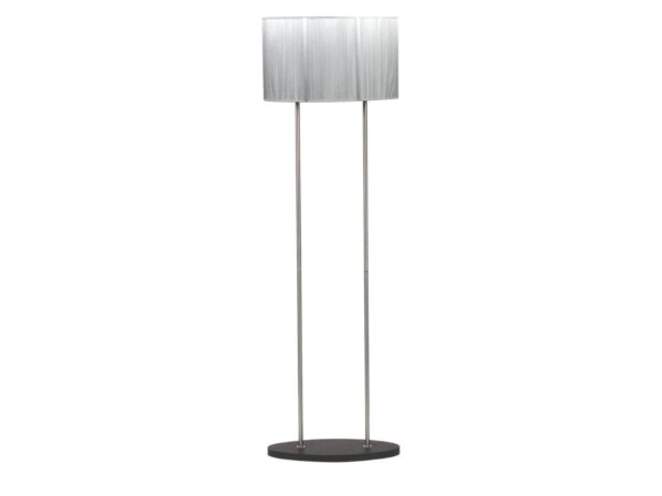 Srebrna lampa podłogowa Valoseta z metalową podwójną podstawą i sznurkowym abażurem