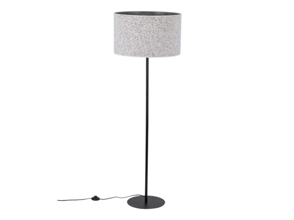 Lampa podłogowa Vellum czarna z grafitowym abażurem z tkaniny bouclé na białym tle