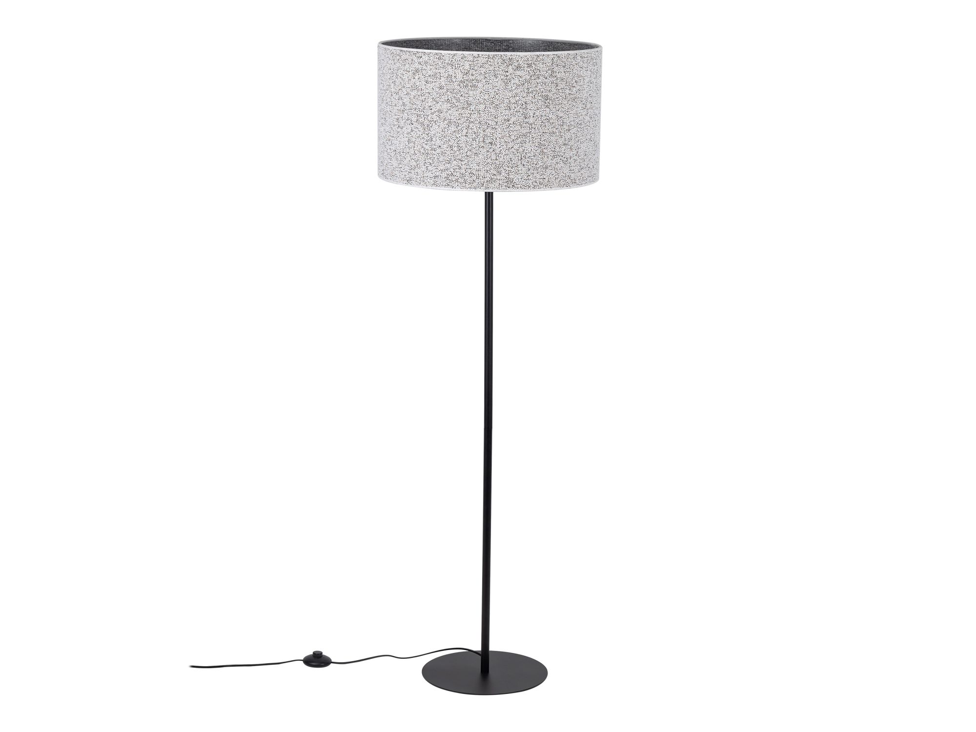 Lampa podłogowa Vellum czarna z grafitowym abażurem z tkaniny bouclé na białym tle