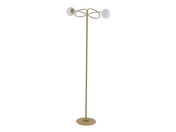 Lampa podłogowa Velvet złoty beż z dwoma białymi kulistymi kloszami na białym tle