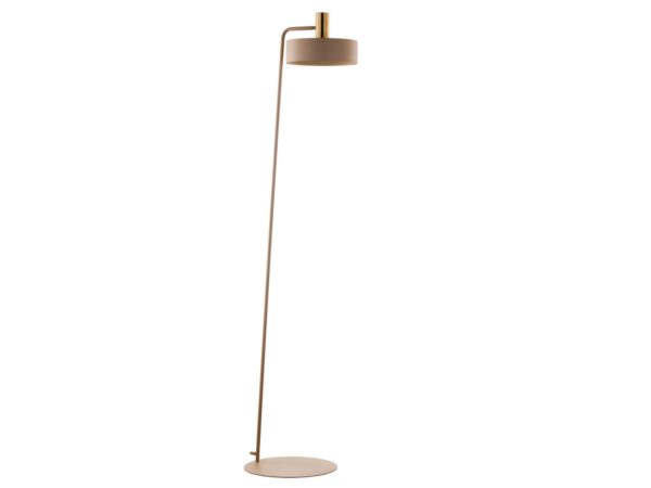 Lampa podłogowa Vitrum Gold koło w kolorze ciepłego beżu ze złotym wykończeniem, widok całej oprawy