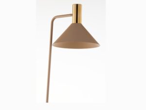 Miniaturka 1 - Lampa podłogowa Vitrum Gold stożek, zbliżenie beżowego klosza i złotego wykończenia