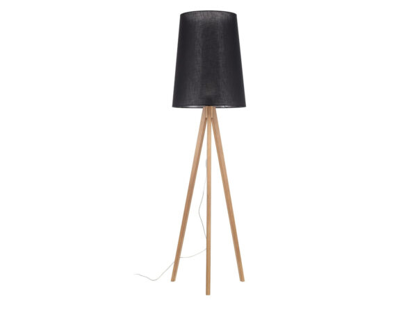 Lampa podłogowa Walz z czarnym abażurem na drewnianym trójnogu – packshot