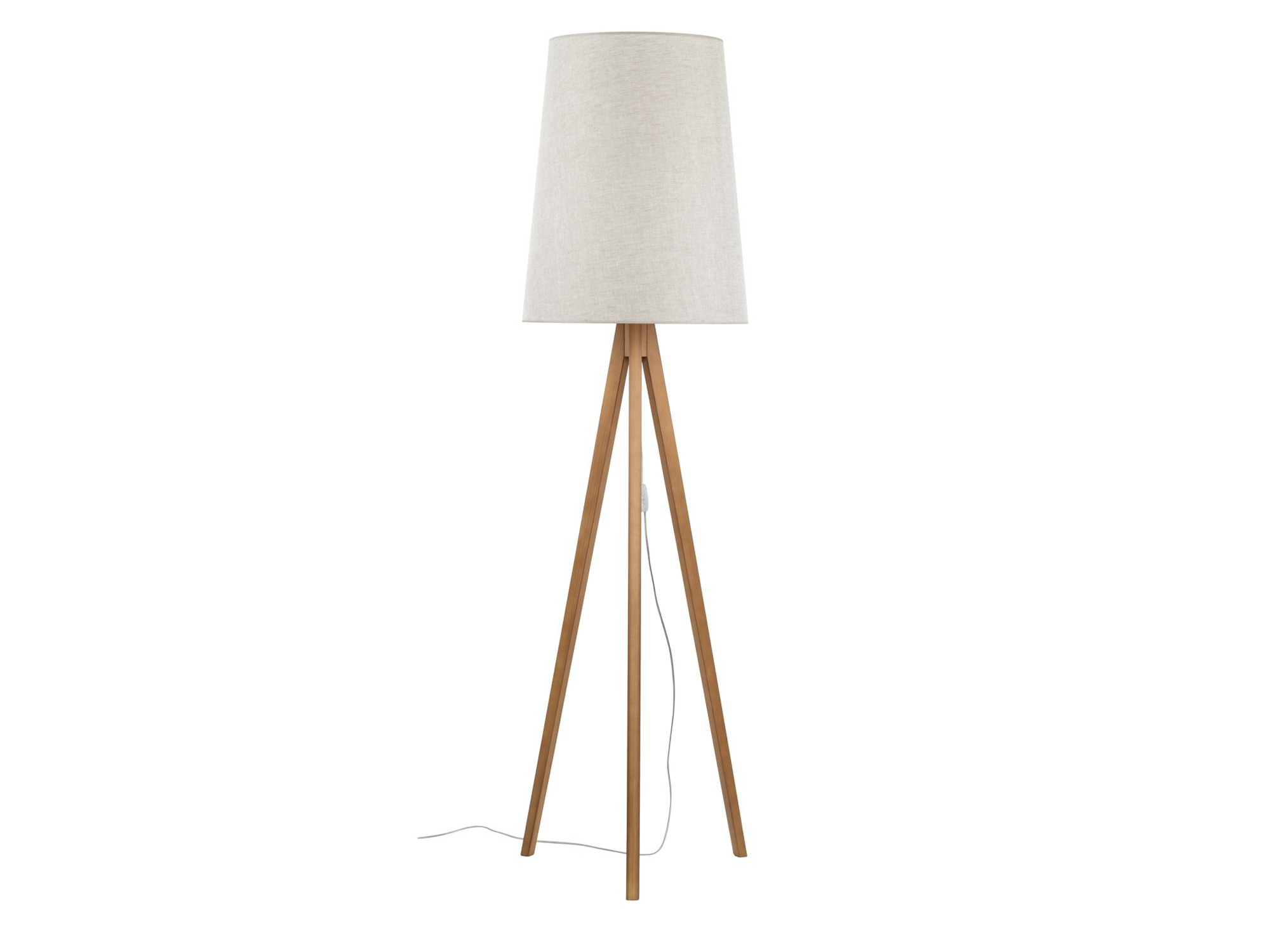 Lampa podłogowa Walz z jasnym abażurem na drewnianym trójnogu – packshot