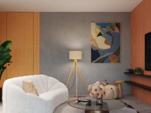 Miniaturka 7 - Lampa podłogowa z drewnem Elaria 140 cm taupe w aranżacji salonu