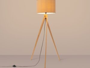 Miniaturka 1 - Lampa podłogowa z drewnem Elaria 140 cm taupe w aranżacji wnętrza