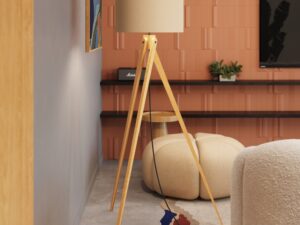 Miniaturka 8 - Lampa podłogowa z drewnem Elaria 140 cm taupe w salonie – zbliżenie