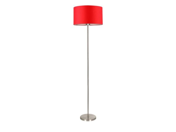 Lampa podłogowa Zenatino z czerwonym cylindrycznym abażurem i satynową podstawą