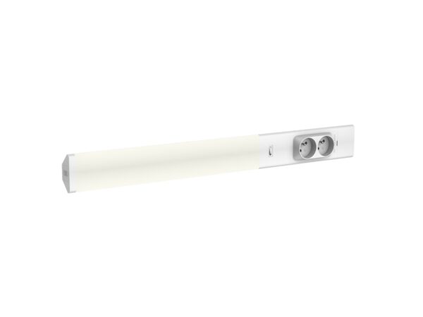 Biała lampa podszafkowa LED 18 W z dwoma gniazdami 230 V na białym tle, jedna sztuka