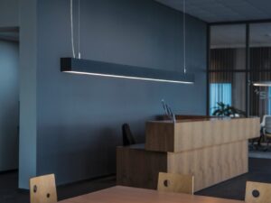 Miniaturka 4 - Czarna lampa wisząca Q-Line DALI nad dużym stołem we wnętrzu
