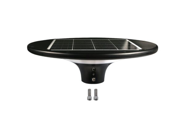 Czarna okrągła lampa solarna LED 40 cm 2100 lm z widocznym panelem solarnym i mocowaniem