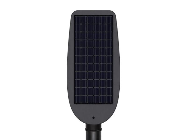 Czarna lampa solarna LED na ścianę z czujnikiem ruchu na białym tle