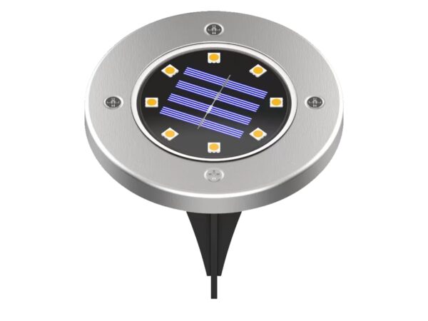Srebrna okrągła lampa solarna ogrodowa LED z kolcem montażowym