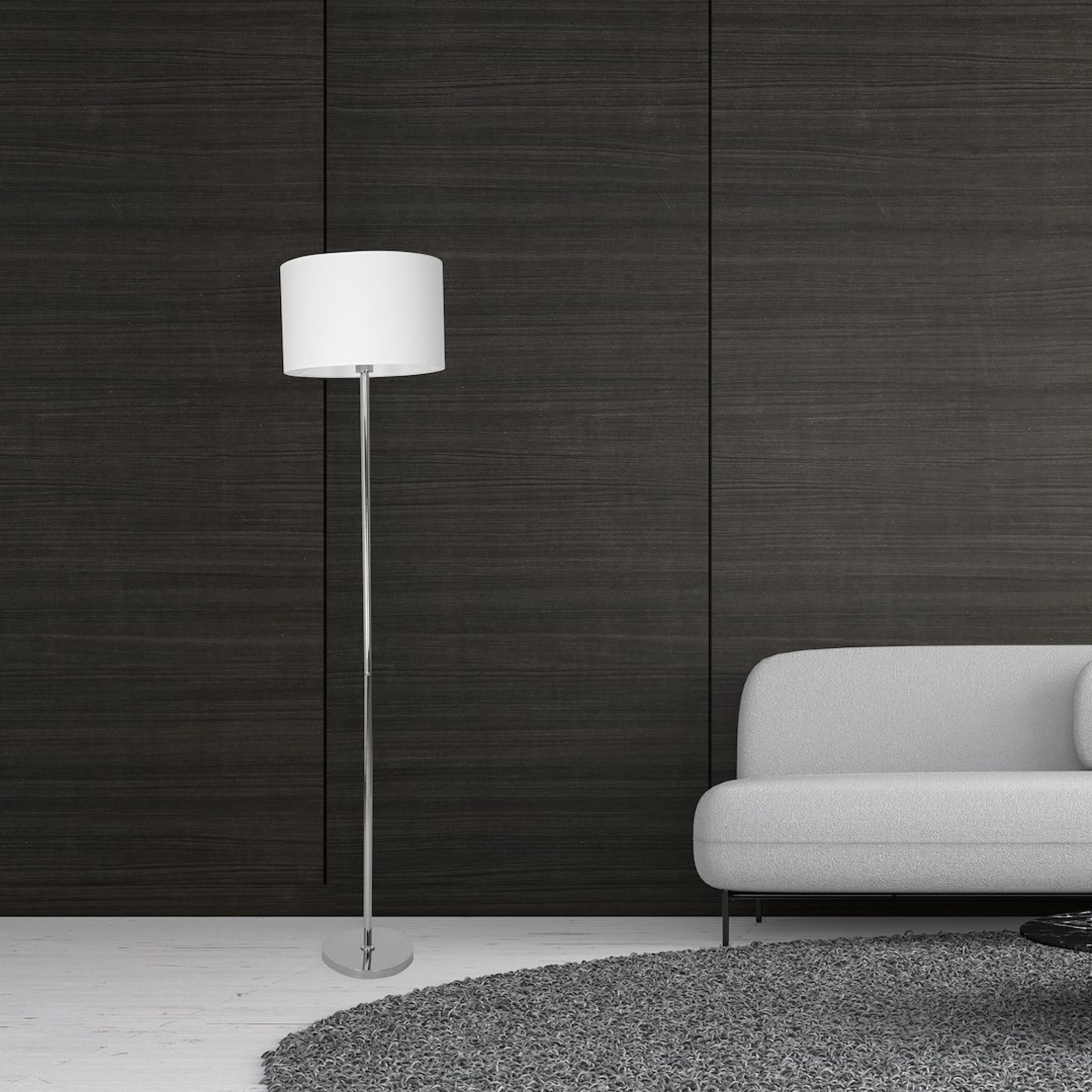Lampa podłogowa Alovino biały abażur i chrom w pomieszczeniu