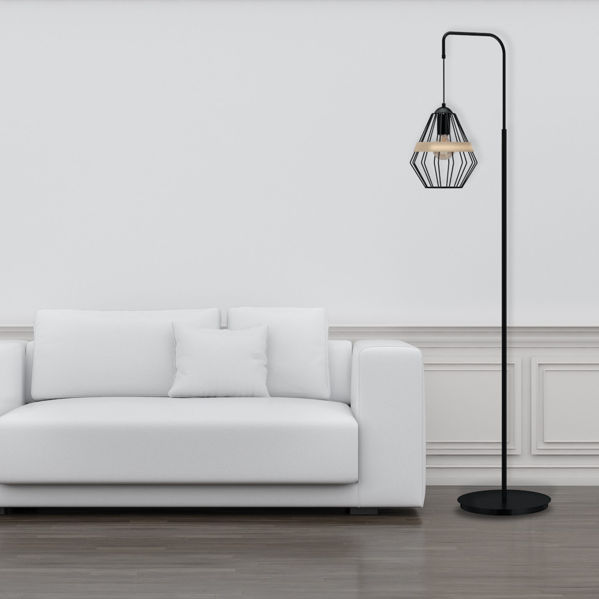 Lampa stojąca Zenevino w aranżacji przy białej sofie
