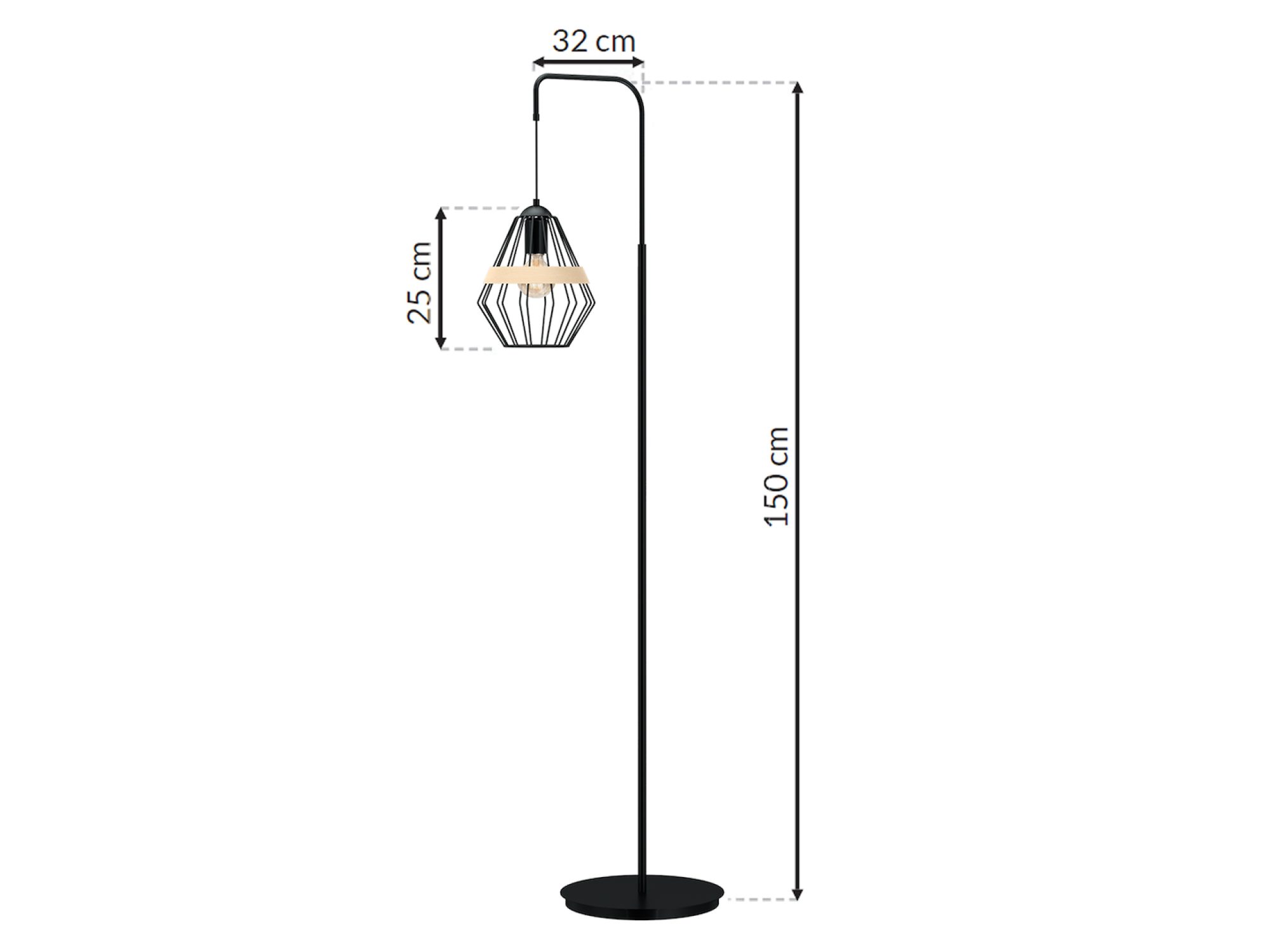 Lampa stojąca Zenevino rysunek wymiarów 150 cm i ramienia 32 cm