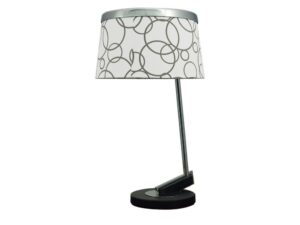 Miniaturka 1 - Biała lampa stołowa Amelino z chromowanym ramieniem i abażurem w koła