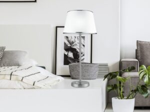 Miniaturka 2 - Lampa stołowa Amevio satynowa z abażurem na szafce w sypialni