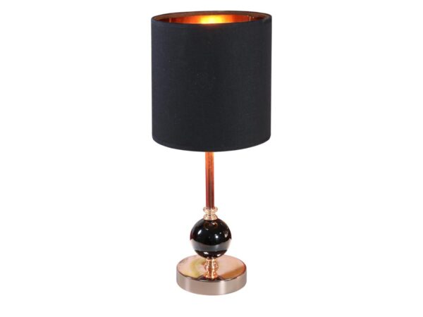 Lampa stołowa Astava z czarnym abażurem i miedzianą okrągłą podstawą