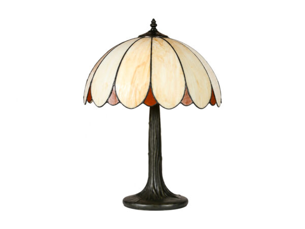 Lampa stołowa Astidira z beżowo-ceglastym szklanym kloszem witrażowym i ciemną metalową podstawą