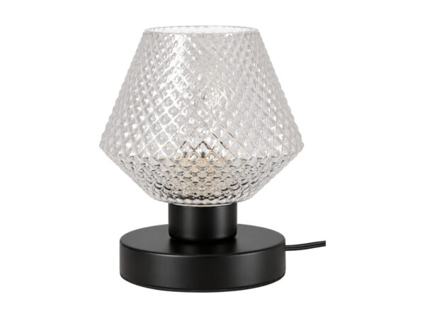 Lampa stołowa Belevo z czarną okrągłą podstawą i przezroczystym tłoczonym kloszem szklanym