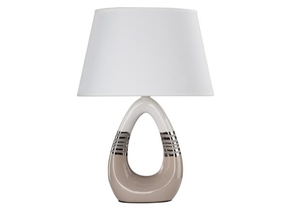 Lampa stołowa Belovina z beżowo-białą ceramiczną podstawą z otworem i białym abażurem