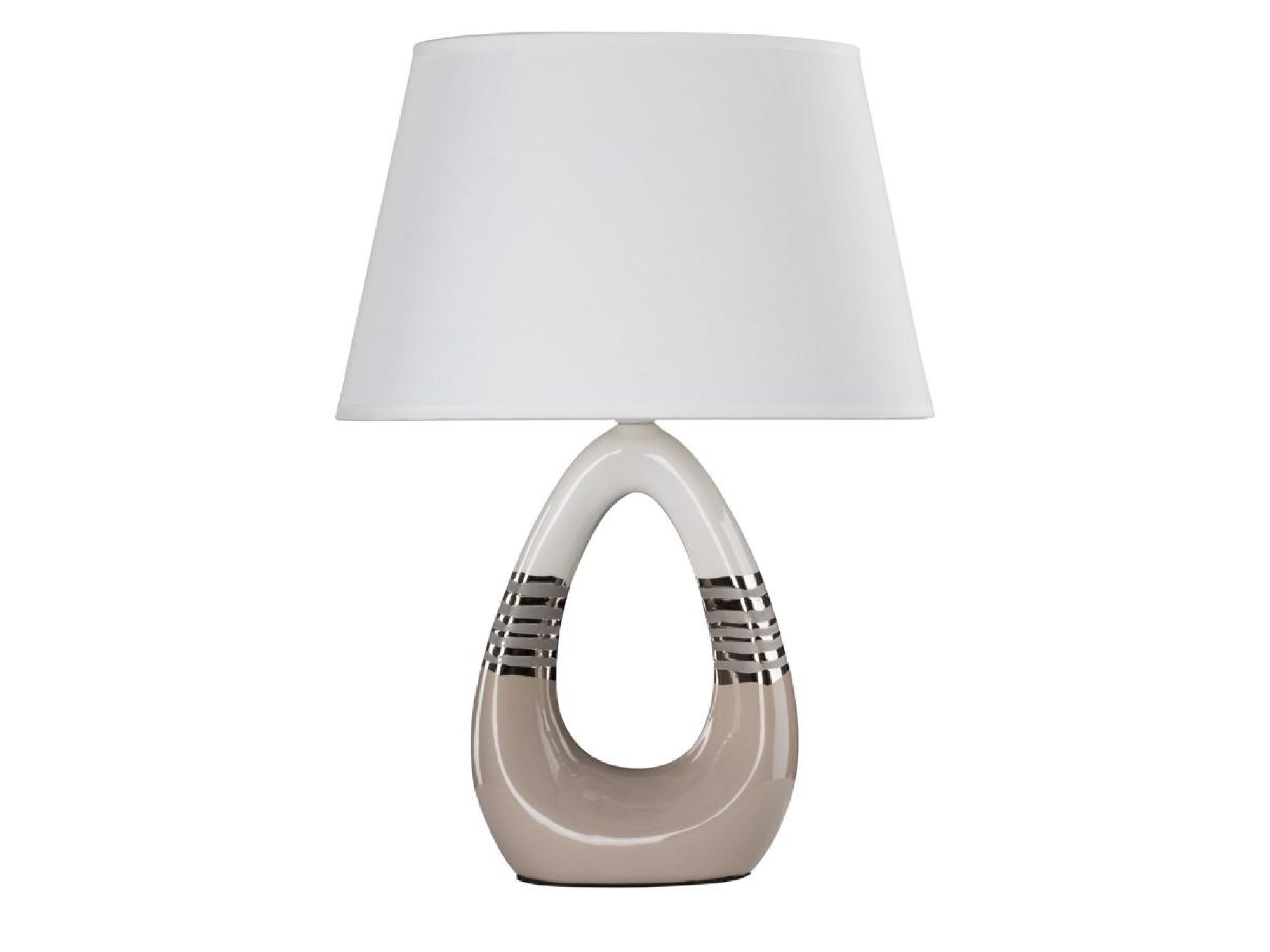 Lampa stołowa Belovina z beżowo-białą ceramiczną podstawą z otworem i białym abażurem
