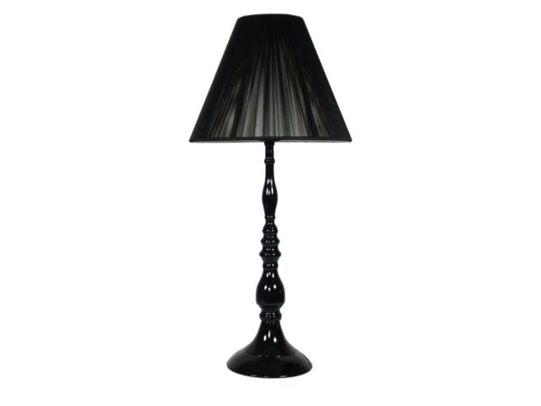 Czarna lampa stołowa Beraveta ze stylizowaną podstawą i stożkowym abażurem
