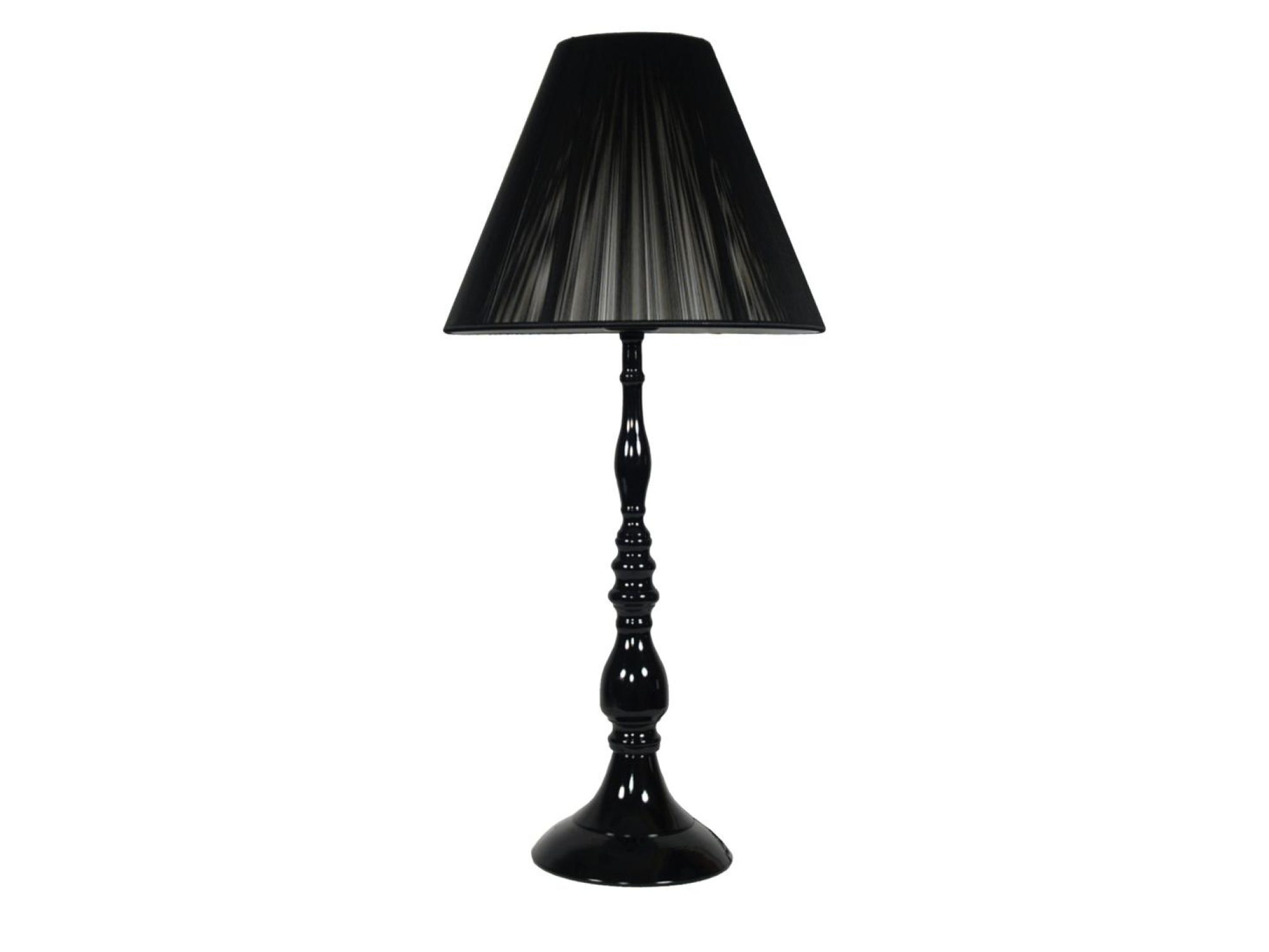 Czarna lampa stołowa Beraveta ze stylizowaną podstawą i stożkowym abażurem