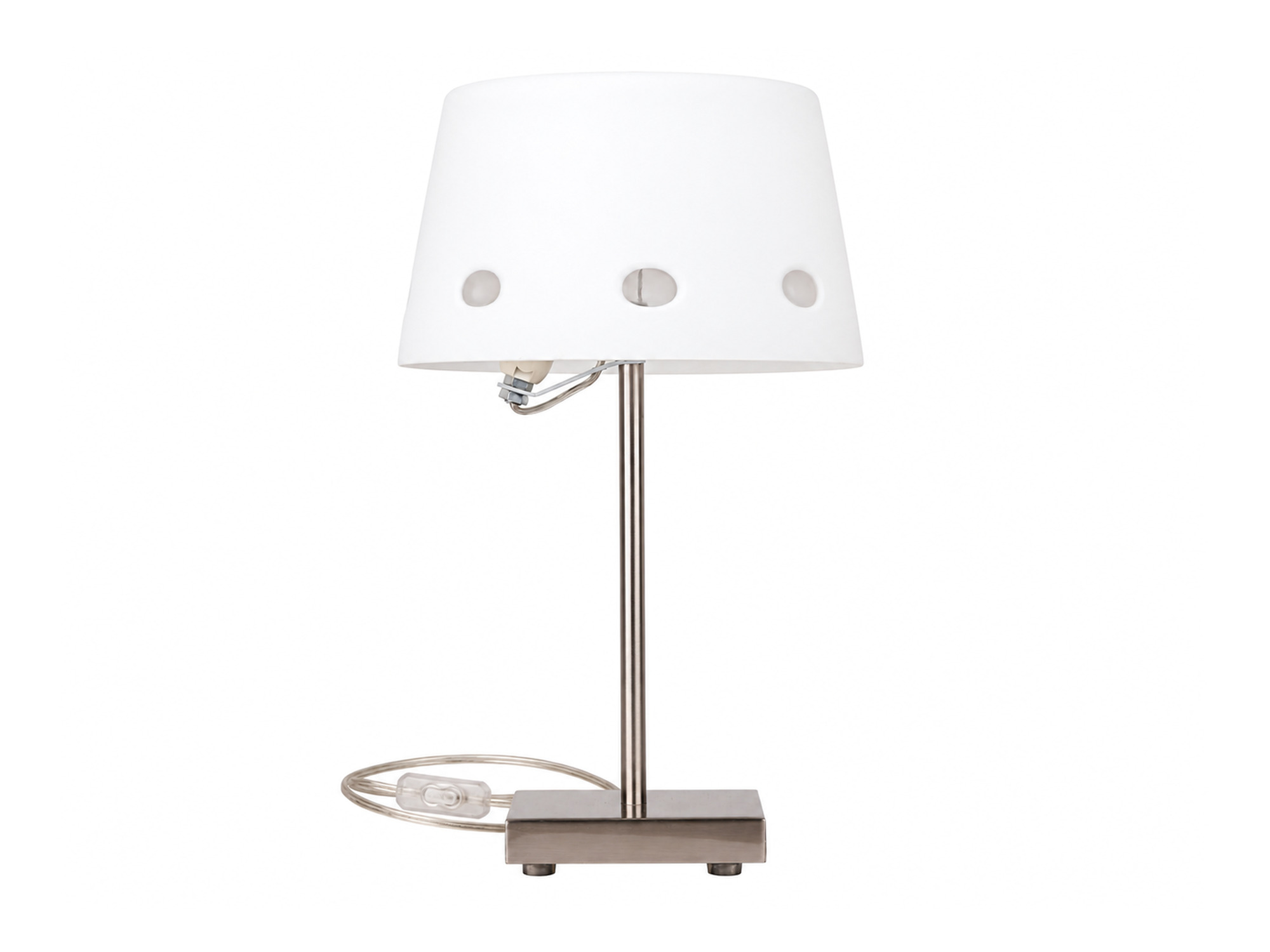 Lampa stołowa Deleva z białym abażurem z okrągłymi otworami i srebrzystą podstawą