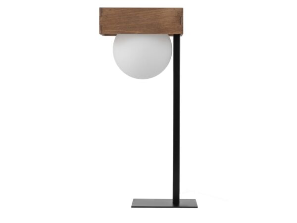 Lampa stołowa Bloom z czarną metalową podstawą, brązowym elementem ze sklejki i białą szklaną kulą