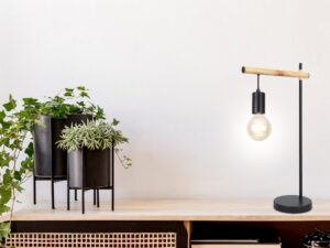 Miniaturka 1 - Lampa stołowa Dalomena w aranżacji na komodzie obok zielonych roślin